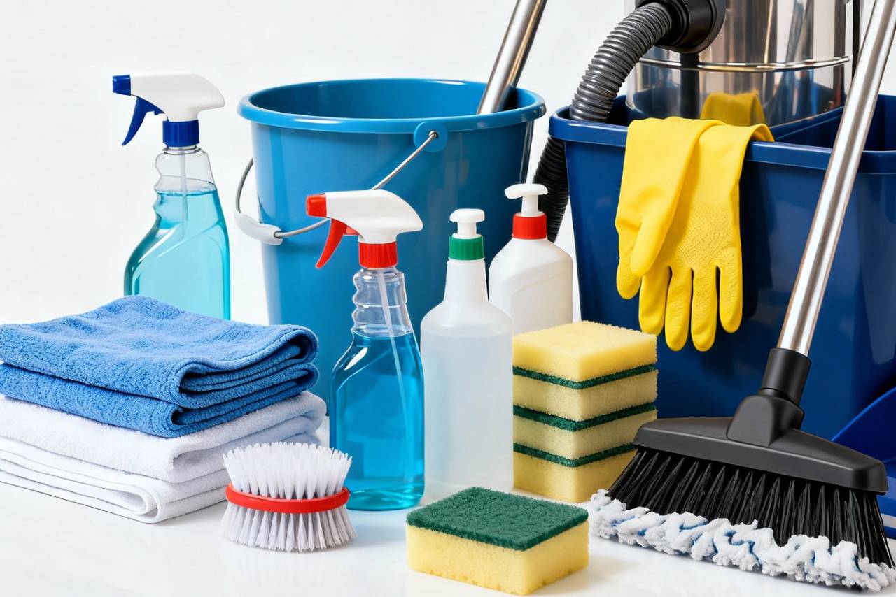 Колекция от почистващи средства и инструменти за домашно почистване