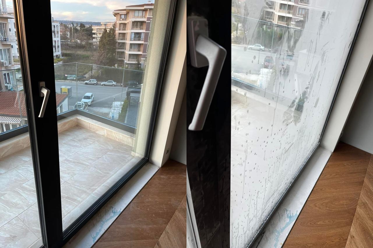 Преди и след почистване на прозорец - мръсно стъкло с петна и следи се превръща в кристално чисто стъкло