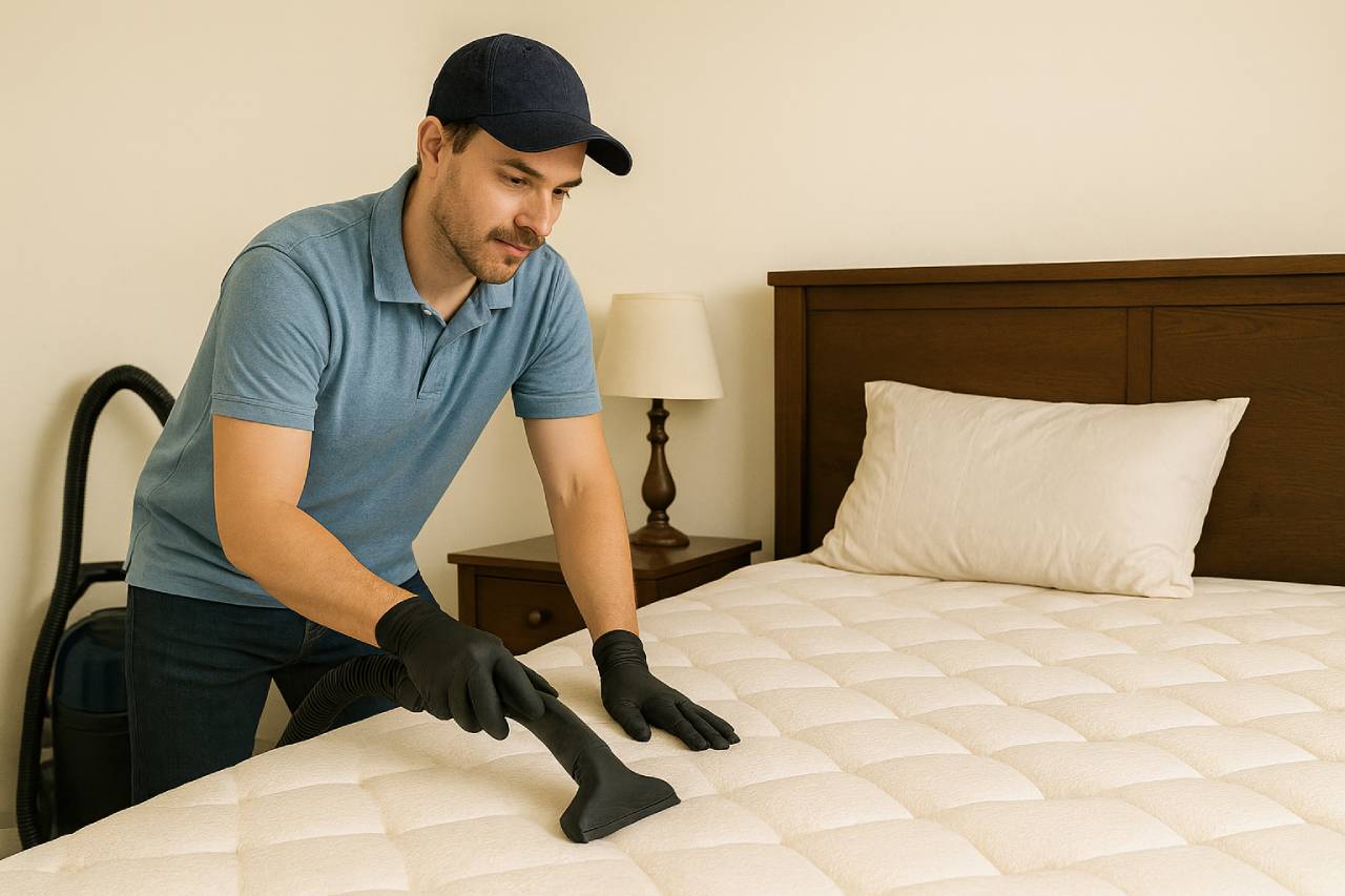 Професионален почистващ служител с ръкавици и прахосмукачка чисти матрак в спалня