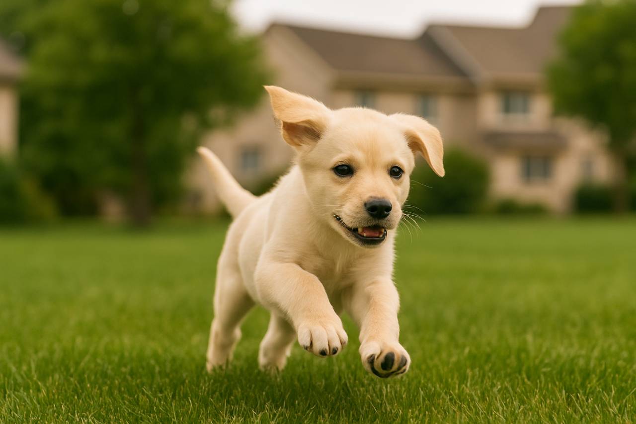 Кученце тича върху зелена трева в двор на фона на жилища в слънчев летен ден